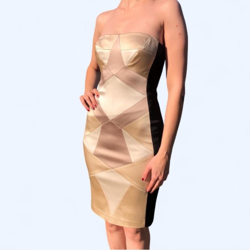 Cache Strapless Cocktail Dress in Gold, Black, and Cream
